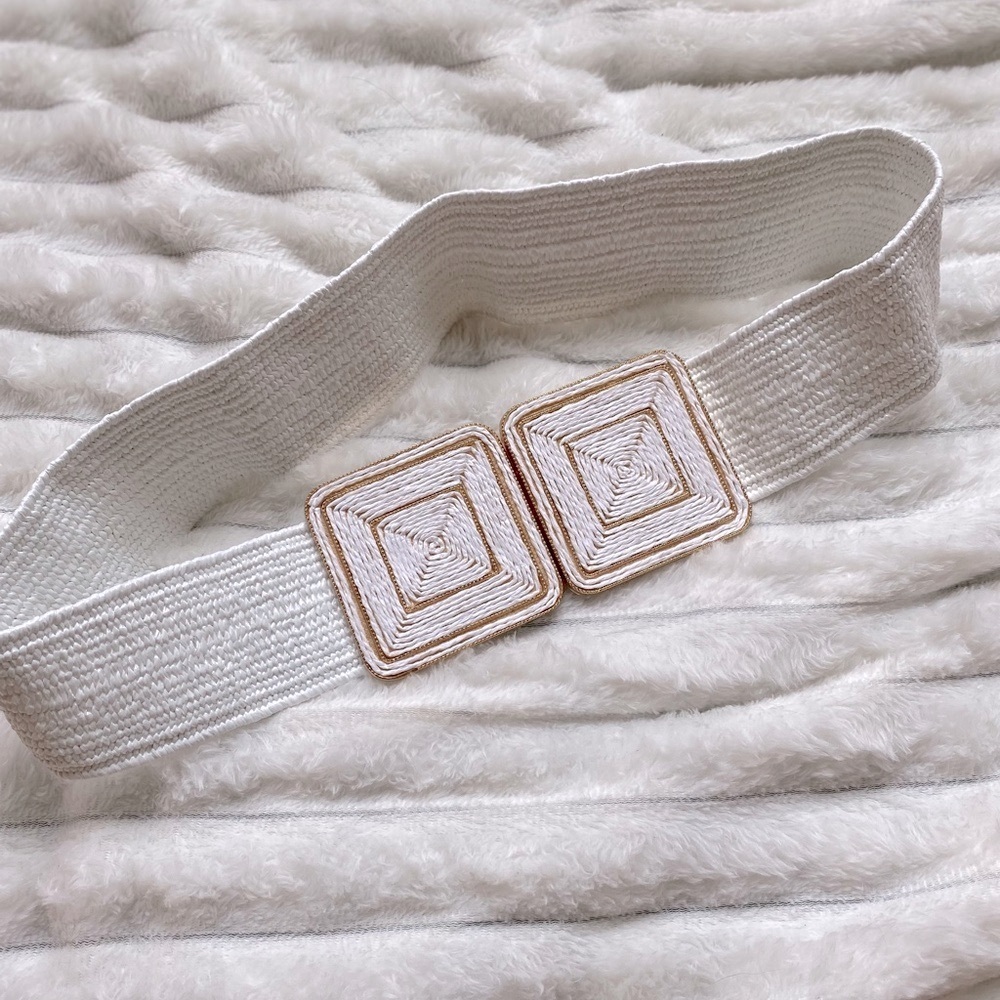 NWOT Boho Chic White Stretch Belt with Gold & White Square Buckle